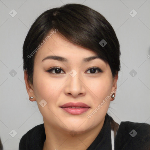 Joyful asian young-adult female with medium  black hair and brown eyes