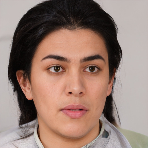 Neutral asian young-adult female with medium  black hair and brown eyes