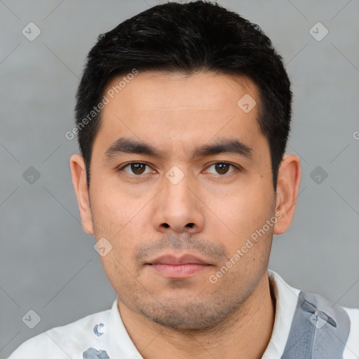 Neutral asian young-adult male with short  black hair and brown eyes