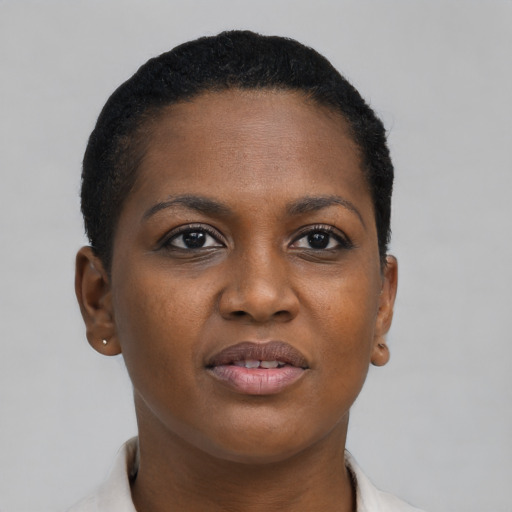 Joyful black young-adult female with short  brown hair and brown eyes