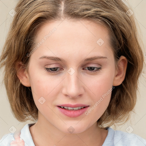 Joyful white young-adult female with medium  brown hair and blue eyes