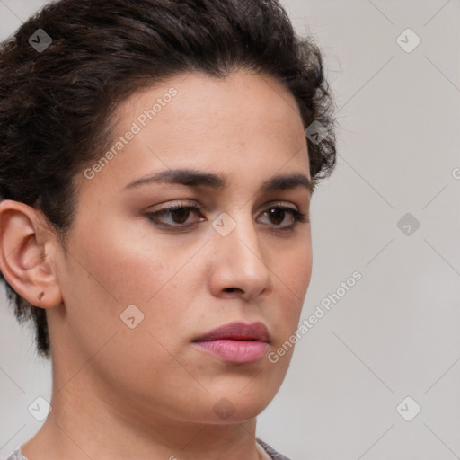 Neutral white young-adult female with short  brown hair and brown eyes