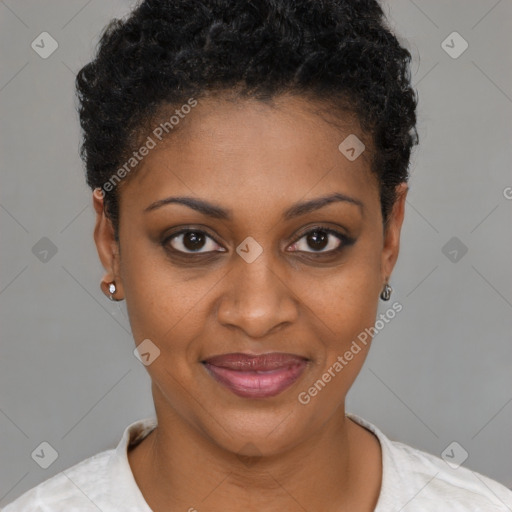 Joyful black young-adult female with short  brown hair and brown eyes