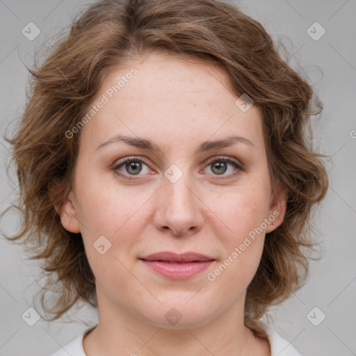 Joyful white young-adult female with medium  brown hair and blue eyes