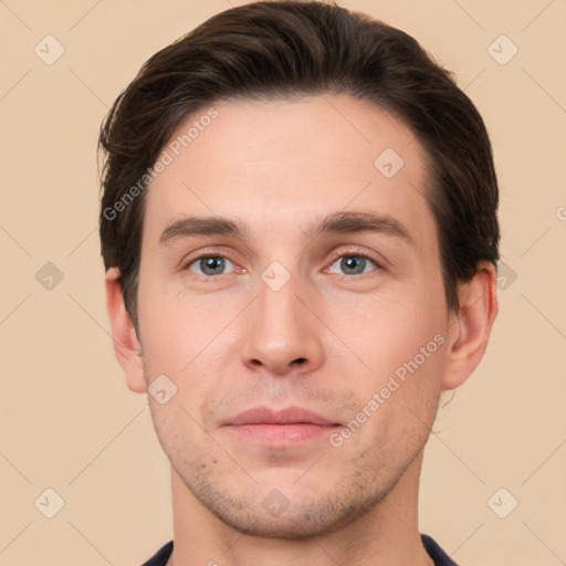 Neutral white young-adult male with short  brown hair and brown eyes