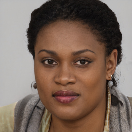 Joyful black young-adult female with short  brown hair and brown eyes