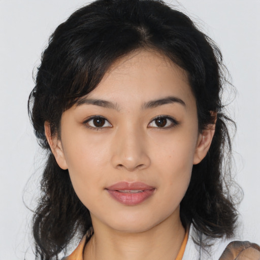 Neutral asian young-adult female with medium  brown hair and brown eyes