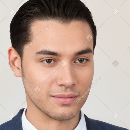 Neutral white young-adult male with short  brown hair and brown eyes