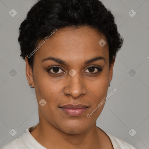 Joyful latino young-adult female with short  black hair and brown eyes