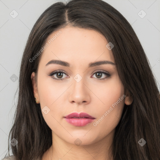 Neutral asian young-adult female with long  brown hair and brown eyes