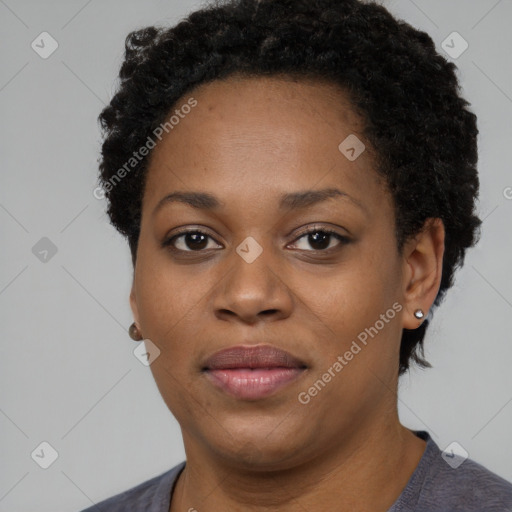 Neutral black young-adult female with short  black hair and brown eyes