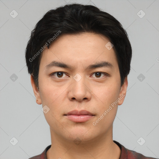 Neutral asian young-adult male with short  black hair and brown eyes