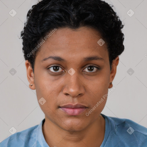 Neutral latino young-adult female with short  black hair and brown eyes