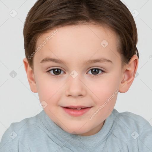 Joyful white child female with short  brown hair and brown eyes