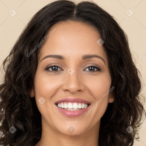 Joyful white young-adult female with long  brown hair and brown eyes