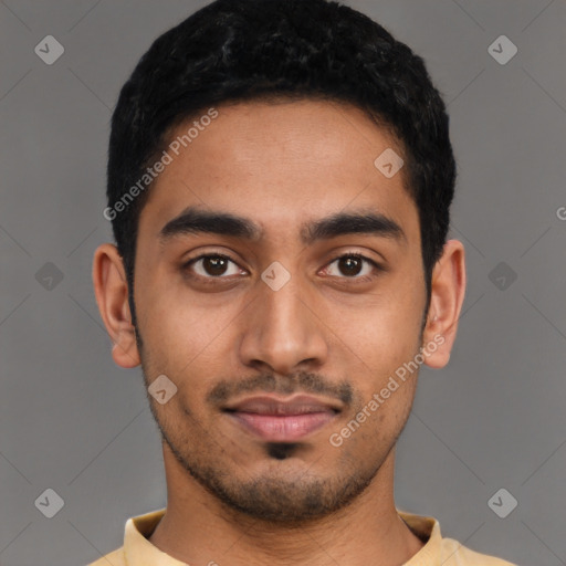 Neutral latino young-adult male with short  black hair and brown eyes