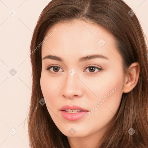 Neutral white young-adult female with long  brown hair and brown eyes