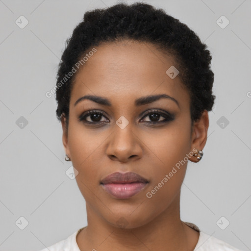 Neutral black young-adult female with short  black hair and brown eyes