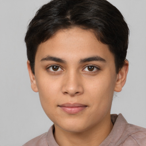 Neutral latino young-adult female with short  brown hair and brown eyes