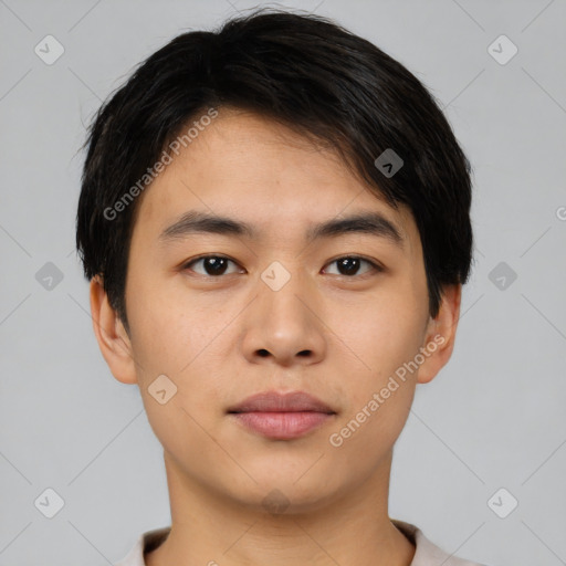 Neutral asian young-adult male with short  brown hair and brown eyes