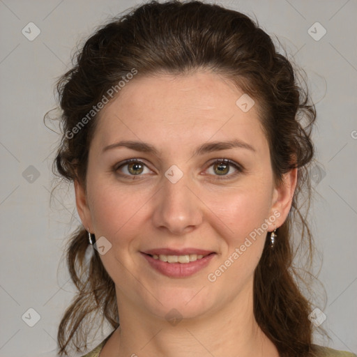 Joyful white young-adult female with medium  brown hair and green eyes