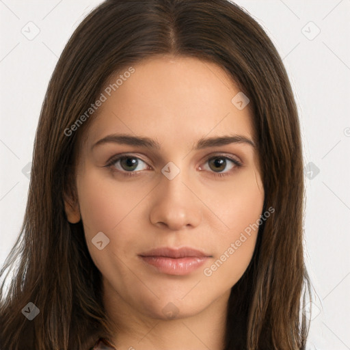 Neutral white young-adult female with long  brown hair and brown eyes