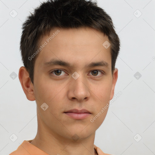 Neutral white young-adult male with short  brown hair and brown eyes