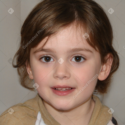 Joyful white child female with medium  brown hair and brown eyes