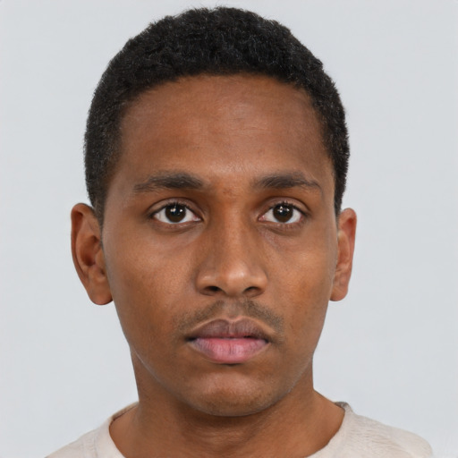 Neutral black young-adult male with short  black hair and brown eyes