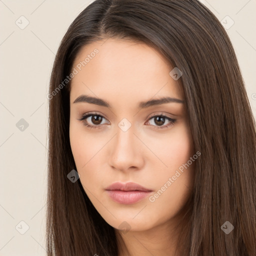 Neutral white young-adult female with long  brown hair and brown eyes