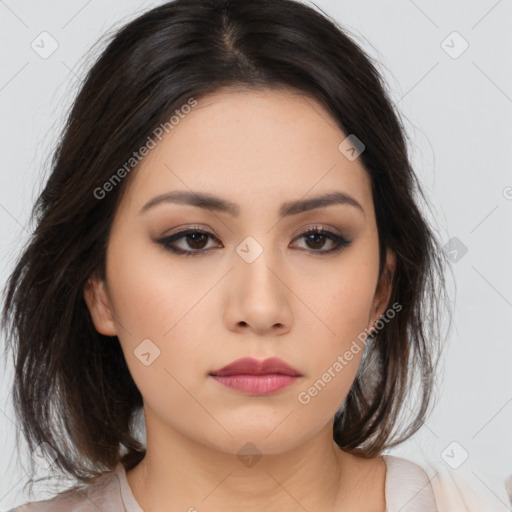 Neutral asian young-adult female with medium  brown hair and brown eyes