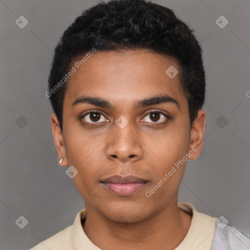 Neutral black young-adult male with short  black hair and brown eyes