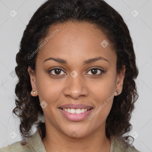 Joyful latino young-adult female with medium  brown hair and brown eyes