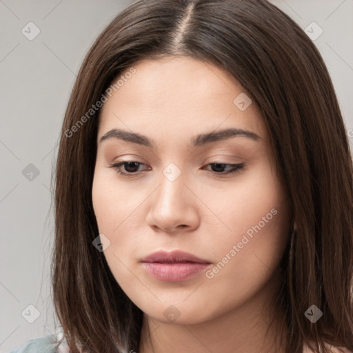 Neutral white young-adult female with long  brown hair and brown eyes