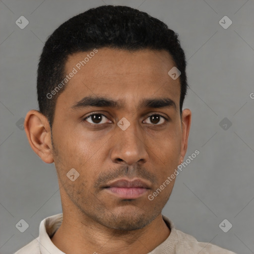 Neutral latino young-adult male with short  black hair and brown eyes