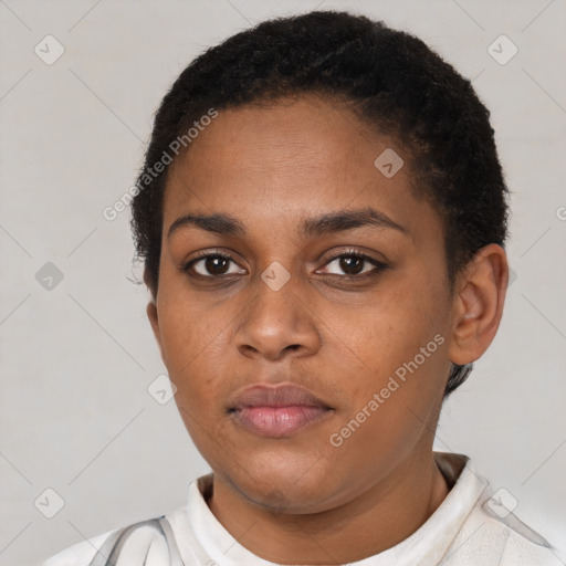 Neutral black young-adult female with short  black hair and brown eyes