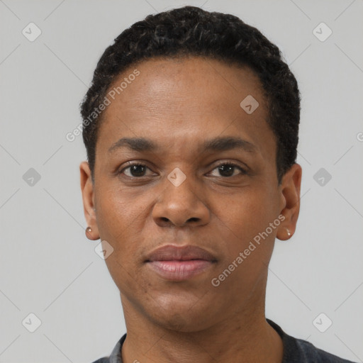 Neutral black adult male with short  black hair and brown eyes