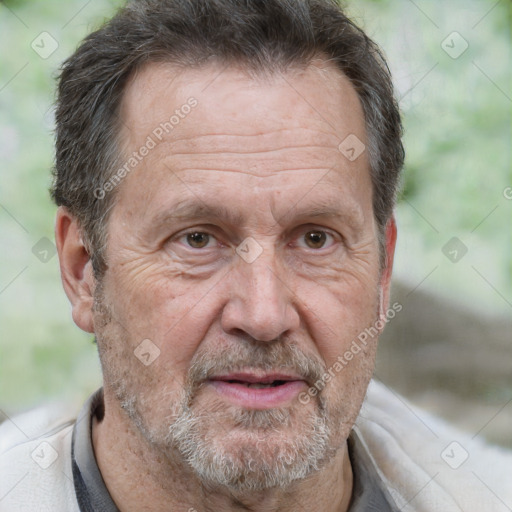 Joyful white middle-aged male with short  brown hair and brown eyes