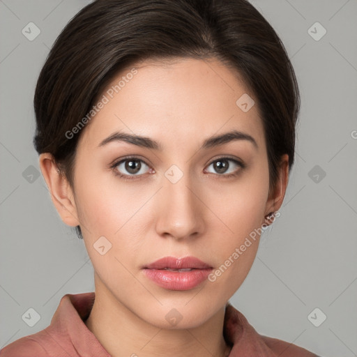 Neutral white young-adult female with short  brown hair and brown eyes