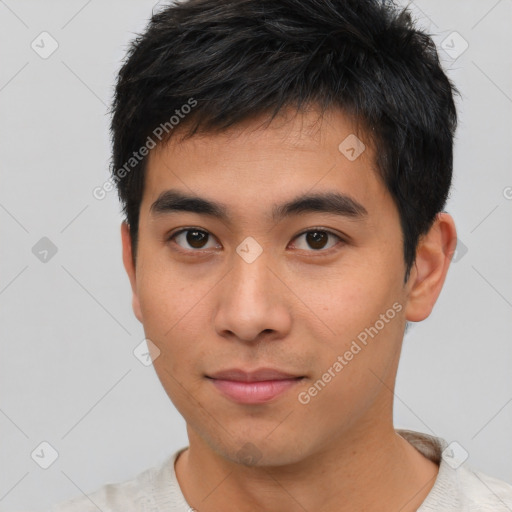 Neutral asian young-adult male with short  black hair and brown eyes