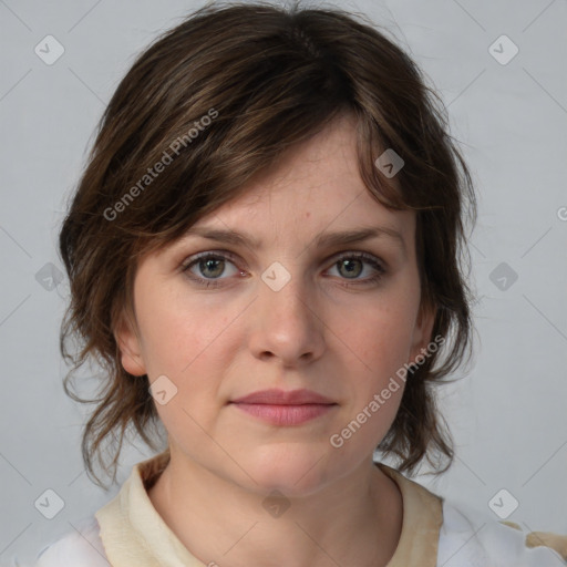 Neutral white young-adult female with medium  brown hair and grey eyes