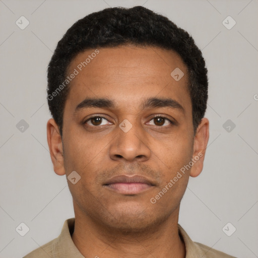 Neutral latino young-adult male with short  black hair and brown eyes