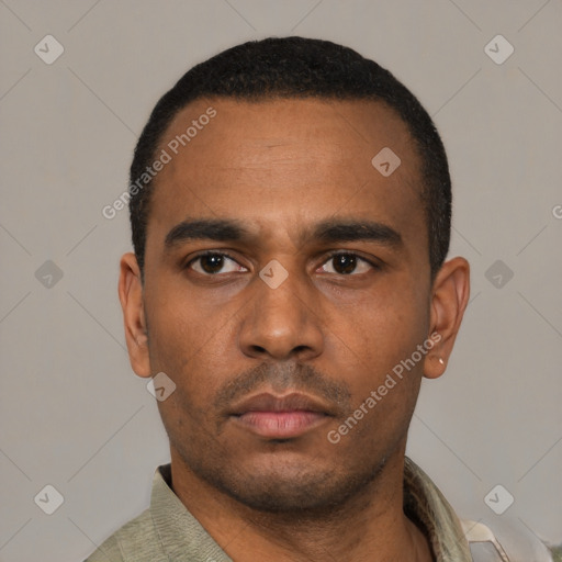 Neutral latino young-adult male with short  black hair and brown eyes
