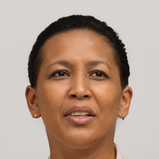 Joyful latino adult female with short  brown hair and brown eyes