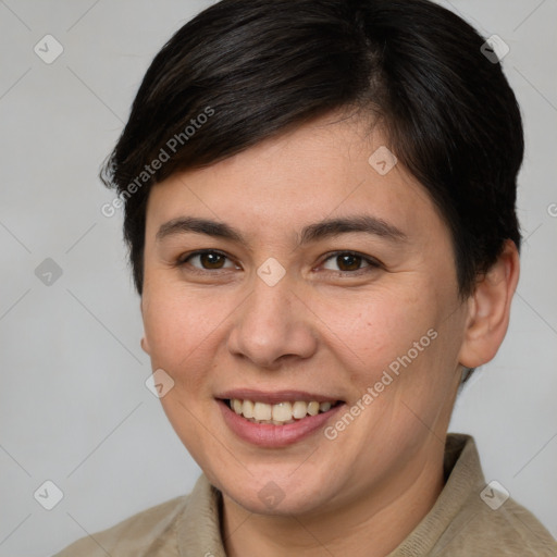 Joyful white young-adult female with medium  brown hair and brown eyes