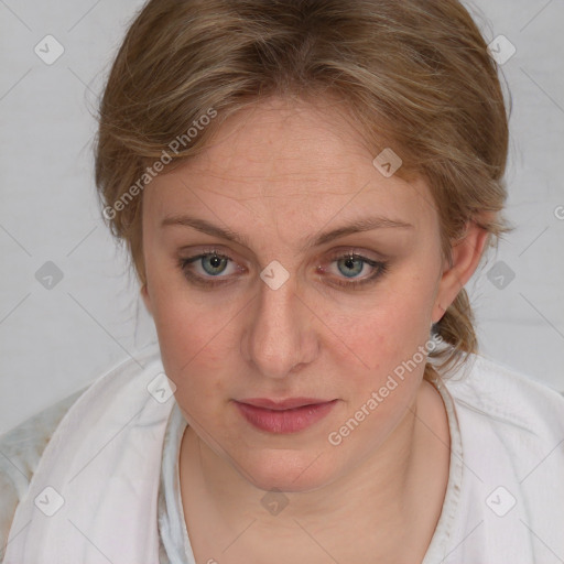 Joyful white young-adult female with medium  brown hair and blue eyes