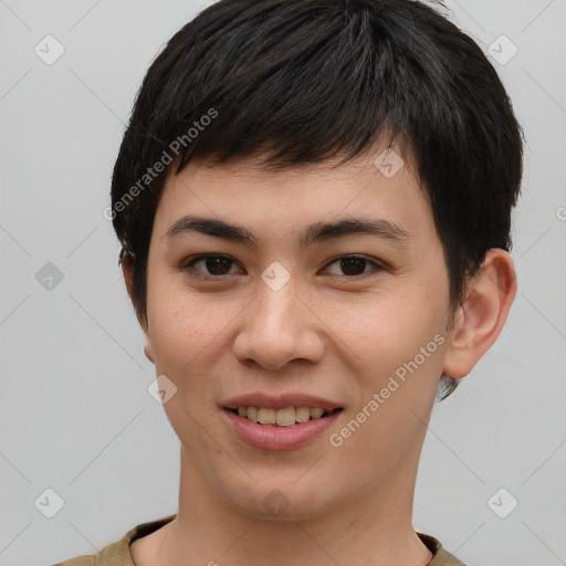 Joyful white young-adult female with short  brown hair and brown eyes