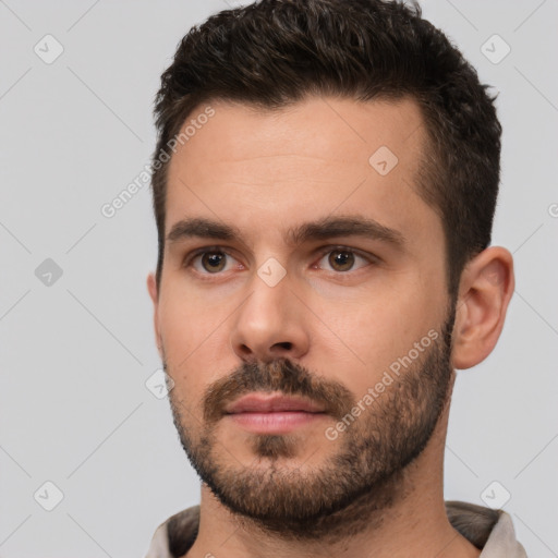 Neutral white young-adult male with short  brown hair and brown eyes