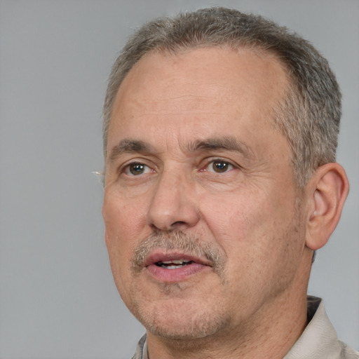 Neutral white middle-aged male with short  brown hair and brown eyes