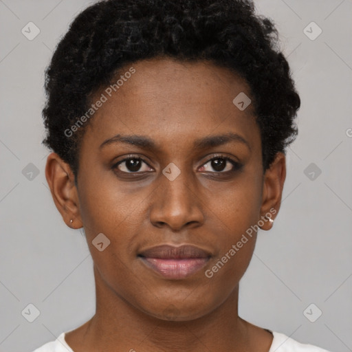 Neutral black young-adult female with short  brown hair and brown eyes